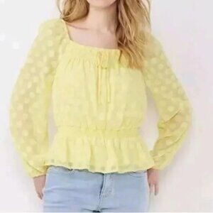 LC LAUREN CONRAD womens SHIRT yellow BLOUSE square neck TOP sunshine DOTS SIZE M